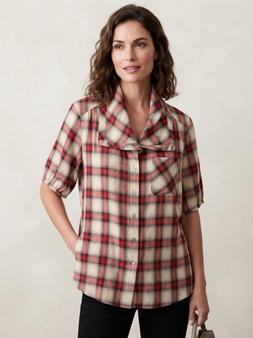VINCE Women’s Red Plaid Short-Sleeve Button-Up Oversized Cowel Neck Shirt XS